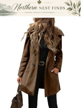 Women's Double Breasted Hooded Wool Blend Pea Coat Midi Trench